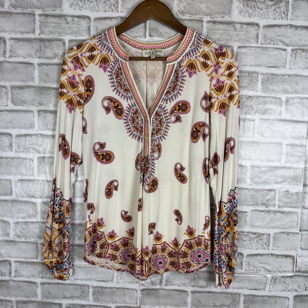 HALE BOB Los Angles Boho Paisley Print Long Sleeve V-Neck Blouse Womens MEDIUM